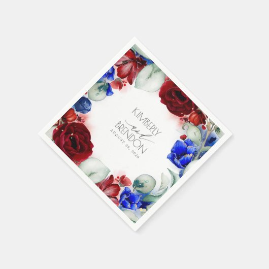 Serviette En Papier Bourgogne et Mariage floral bleu marine (Coin)
