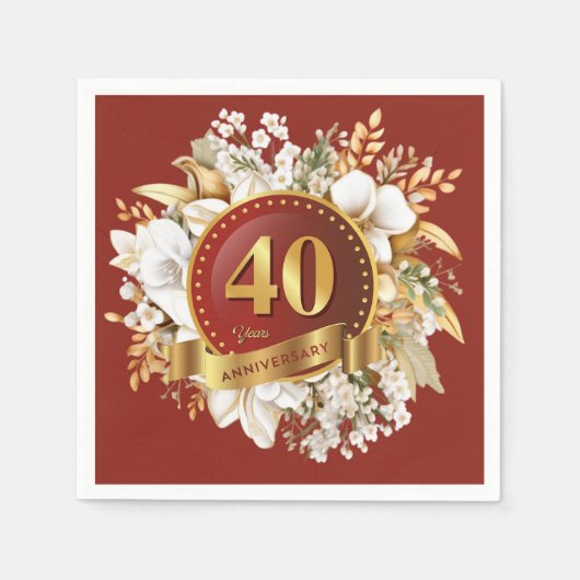 Serviette En Papier Bourgogne et or Floral 40e anniversaire Mariage (Devant)