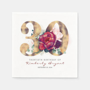 Serviette En Papier Bourgogne et typographie de l'or 30e anniversaire