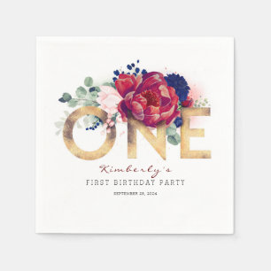 Serviette En Papier Bourgogne Fleurs et Typographie d'or 1er anniversa