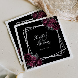 Serviette En Papier Bourgogne Floral Argent Mariage noir géométrique
