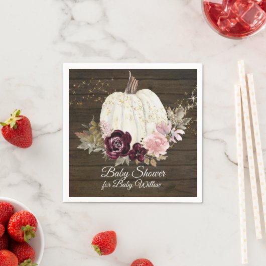 Serviette En Papier Bourgogne Floral Citrouille Baby shower Rustique (En situation)