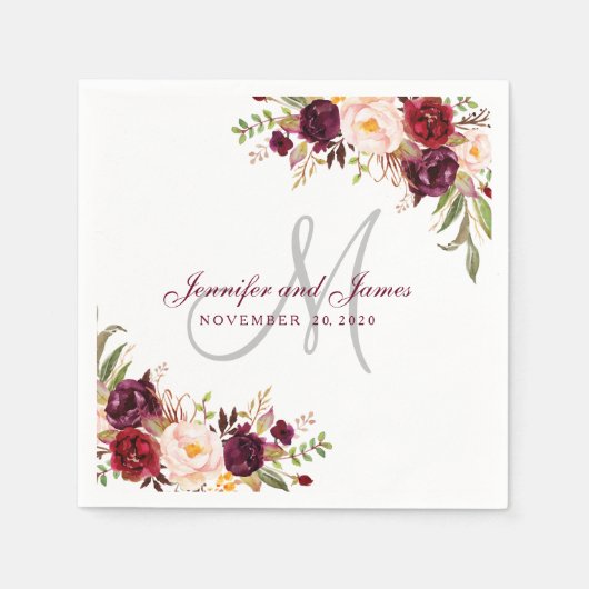 Serviette En Papier Bourgogne Floral Élégant Monogramme Rustique Maria (Devant)