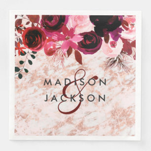 Serviette En Papier Bourgogne Floral Rose or Marbre Mariage Monogramme
