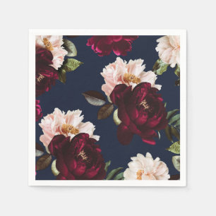 Serviette En Papier Bourgogne foncé Blush Pivoine Floral Bleu Marine