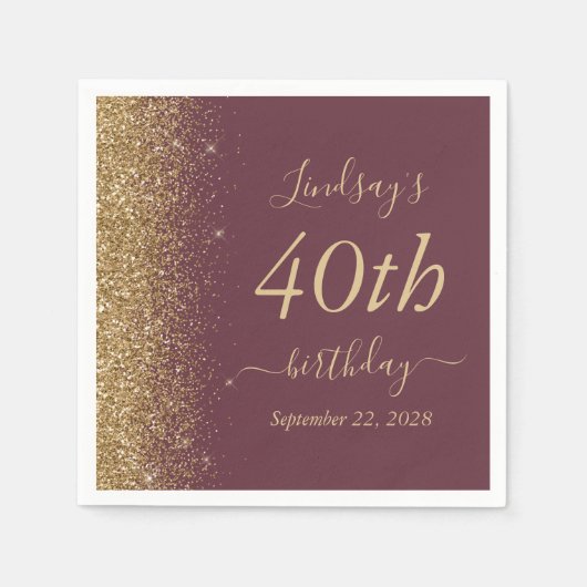 Serviette En Papier Bourgogne Gold Parties scintillant 40e fête d'anni (Devant)