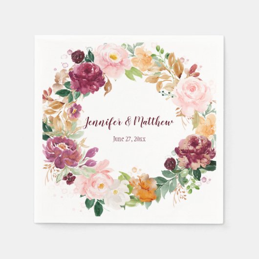 Serviette En Papier Bourgogne Mauve Blush Saffron Jaune Fleurit Rustiq (Devant)