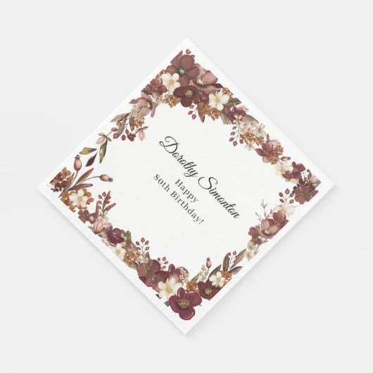 Serviette En Papier Bourgogne Mauve Fleur d'automne blanche 80e annive (Coin)