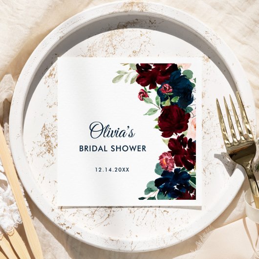 Serviette En Papier Bourgogne & Navy Fleurs bleues Fête des mariées ru