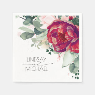 Serviette En Papier Bourgogne rouge et floral roux élégant