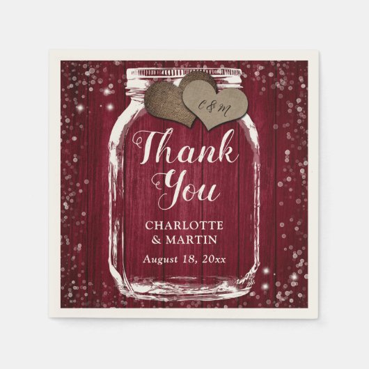 Serviette En Papier Bourgogne Rouge Grange bois Mason Jar Merci Mariag (Devant)