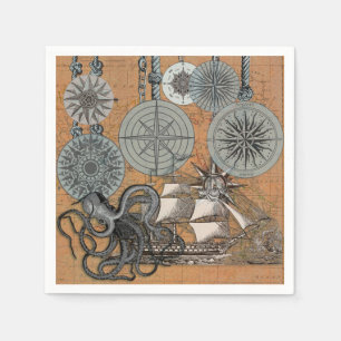 Serviette En Papier Boussole Rose Vintage Nautique Octopus Ship