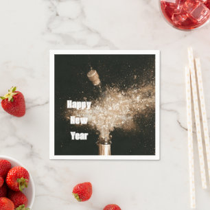 Serviette En Papier Bouteille de Champagne Black Gold Bonne Année