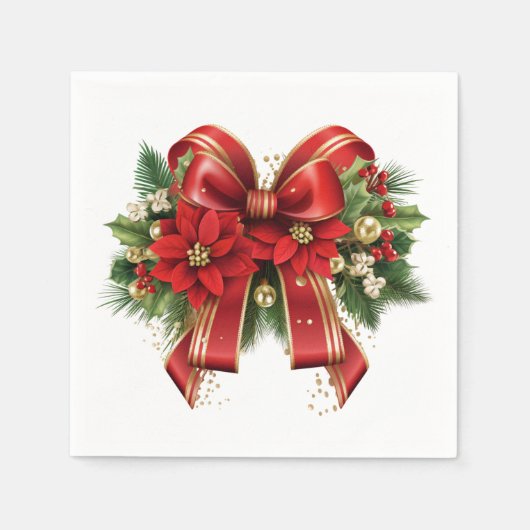Serviette En Papier Bow de Noël Festif Rouge et Or (Devant)