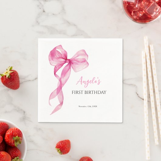Serviette En Papier Bow Girls roses 1er anniversaire (En situation)