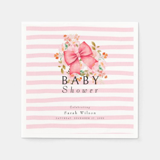 Serviette En Papier Bow rose baby shower d'aquarelle florale (Devant)