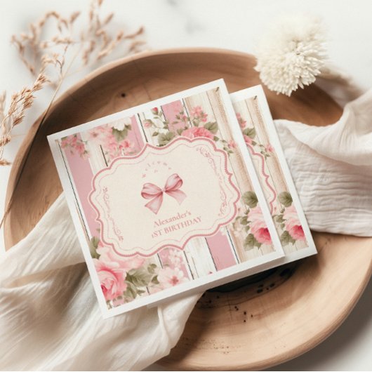 Serviette En Papier Bow rose Floral Fancy ONE Girl 1er anniversaire