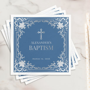 Serviette En Papier Boy Baptism Classic Elegant Bleu Faux Argent Foil