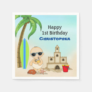 Serviette En Papier Boy Beach Baby Sandcastle in Surfboard 1er anniver