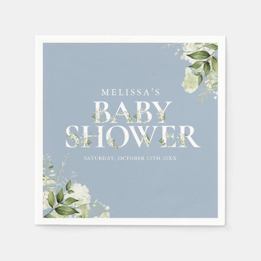 Serviette En Papier Boy Dusty Blue Greenery Foliage Baby shower (Devant)