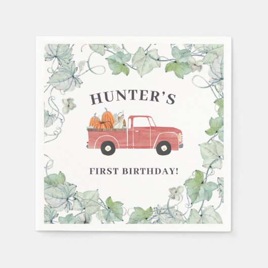 Serviette En Papier Boy Fall Anniversaire Camion rouge et Citrouilles (Devant)