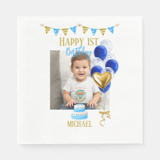 Serviette En Papier Boy First Birthday Photo Blue Gold Balloon Cute