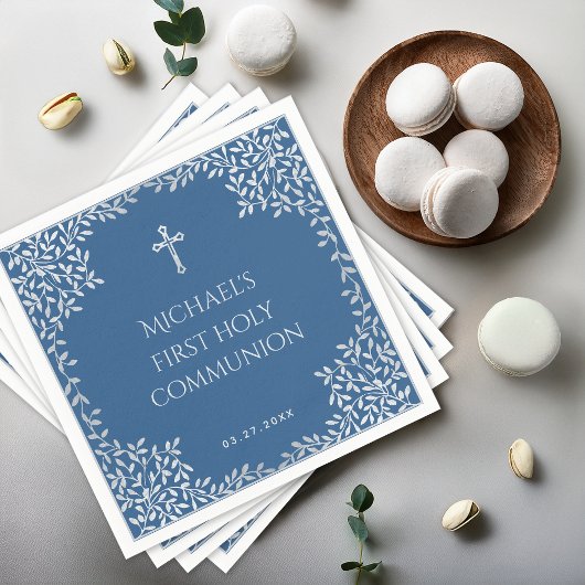Serviette En Papier Boy First Communion Classique Bleu Feuille Argent