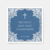 Serviette En Papier Boy First Communion Classique Bleu Feuille Argent (Devant)