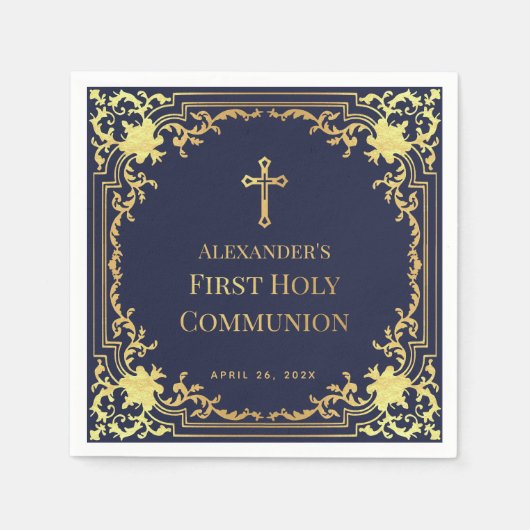 Serviette En Papier Boy First Communion Marine Blue Faux Gold Cross (Devant)