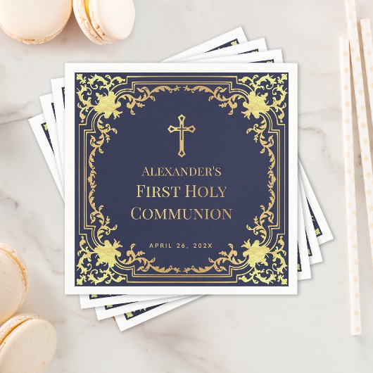 Serviette En Papier Boy First Communion Marine Blue Faux Gold Cross