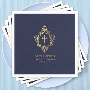 Serviette En Papier Boy First Communion Marine Blue Gold Vintage Crest