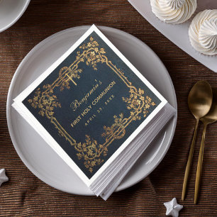 Serviette En Papier Boy First Communion Navy Blue Vintage Gold Vines