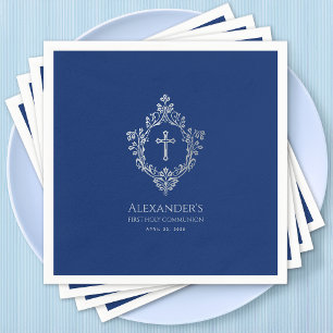 Serviette En Papier Boy First Communion Vintage Crest Cross Royal Blue