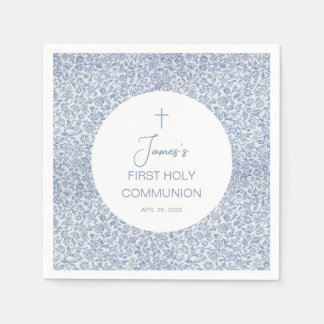 Serviette En Papier Boy First Holy Communion Blue White Floral Pattern
