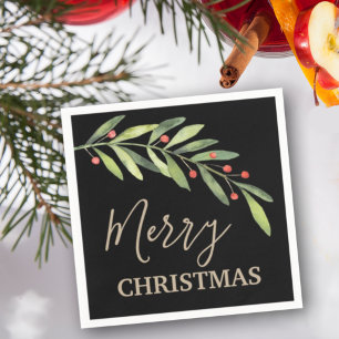 Serviette En Papier Branch and Berries Merry Christmas Black