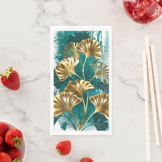 Serviette En Papier Branche avec Feuilles d'or Ginko Biloba (En situation)