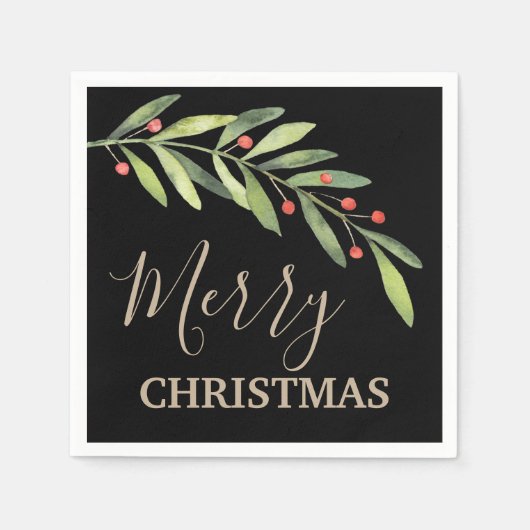 Serviette En Papier Branche et baies Joyeux Noël noir (Devant)