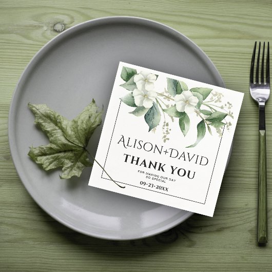 Serviette En Papier Branche, fleurs blanches mariage de typographie