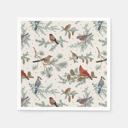 Serviette En Papier Branches d'oiseaux et de pins d'hiver Motif (Devant)