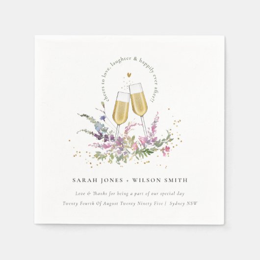 Serviette En Papier Bravo à l'amour Vins d'or Verres Mariage Floral (Devant)