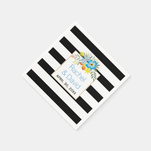 Serviette En Papier Brayures blanches noires fleurs folkloriques bleue (Coin)