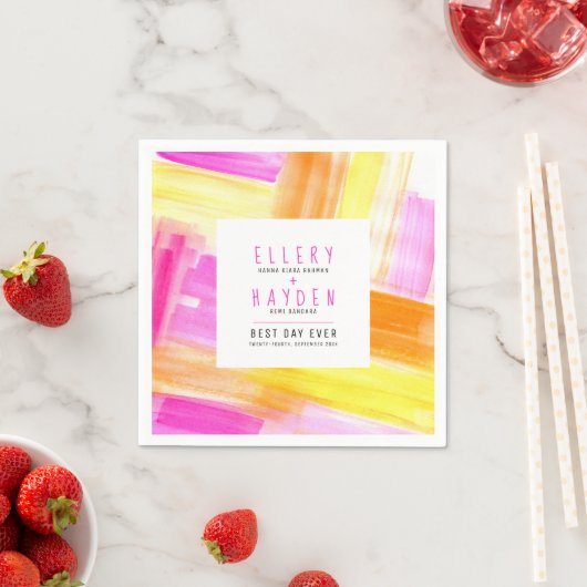 Serviette En Papier Bright art abstrait rose jaune pêche mariage (En situation)