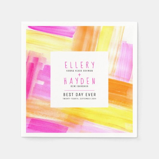 Serviette En Papier Bright art abstrait rose jaune pêche mariage (Devant)