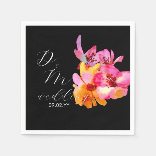 Serviette En Papier Bright Floral Aquarelle Monogramme Mariage noir (Devant)