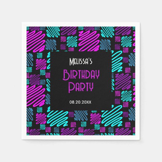 Serviette En Papier Bright Neon violet bleu géométrique Anniversaire (Devant)