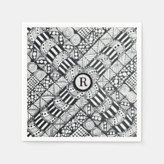 Serviette En Papier Brochette de monogramme & motif gribouillé noir et