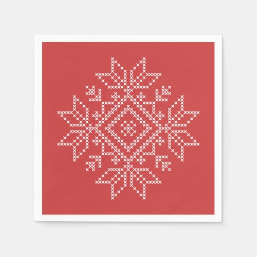 Serviette En Papier Broderie de Noël rouge flocon de neige art saisonn (Devant)