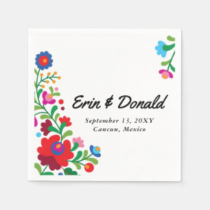 Serviette En Papier Broderie Mexicaine Nom Personnel Coloré et Date