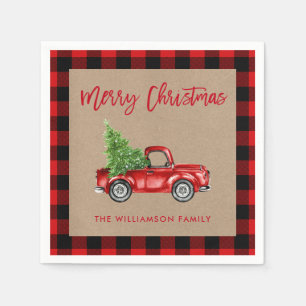 Serviette En Papier Brosse Kraft Script Plaid Camion Vintage de Noël