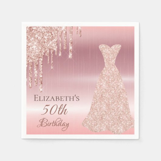 Serviette En Papier Brouillard rose d'anniversaire gouttes robe or (Devant)
